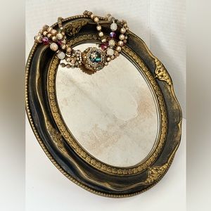 Gorgeous Vintage Mirror in Black & Burnished Gold with kick-stand on back